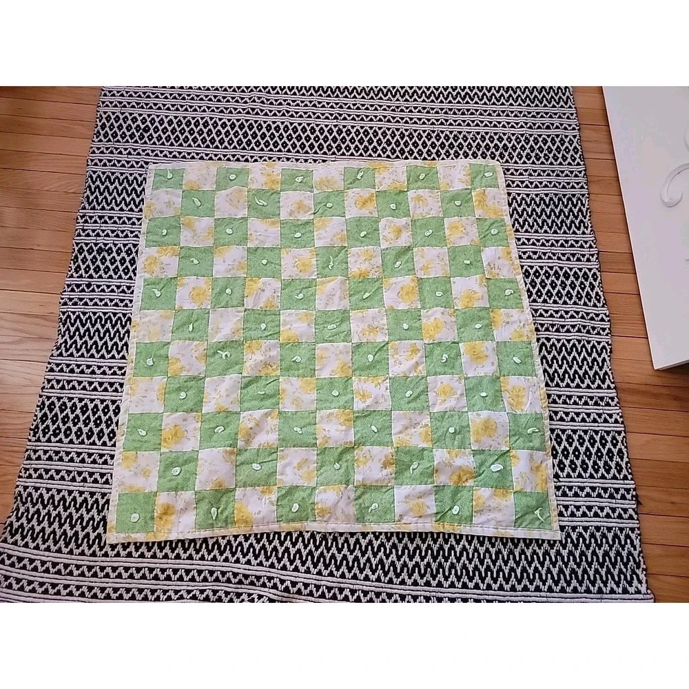 Vintage Handmade Crib Quilt Baby Blanket Hand Yarn Tied Yellow/Green Flowers